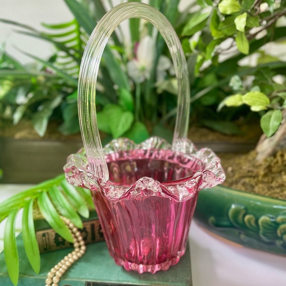 Mid-Century Modern Hand Blown Lead Crystal Cranberry Basket - Picture 8 of 11